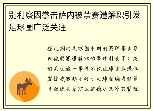 别利察因拳击萨内被禁赛遭解职引发足球圈广泛关注