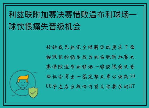 利兹联附加赛决赛惜败温布利球场一球饮恨痛失晋级机会